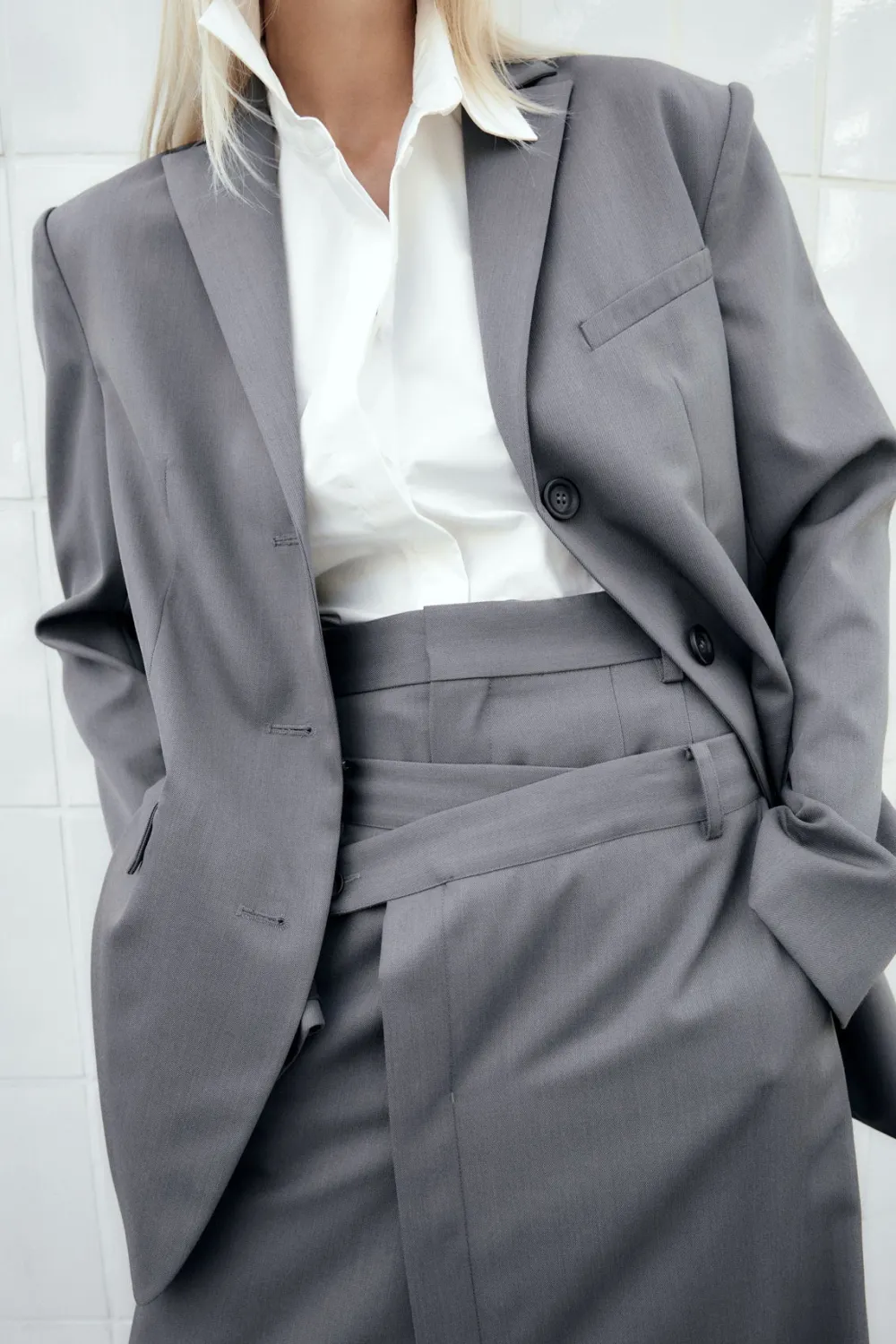 Homme Belted Blazer - Pewter Grey|St. Agni Online