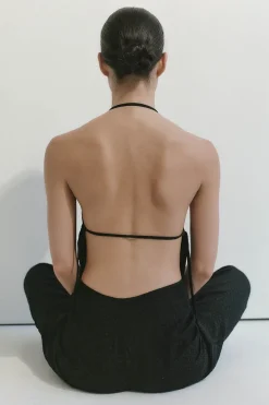 Textured Silk Halter Top - Black|St. Agni Fashion